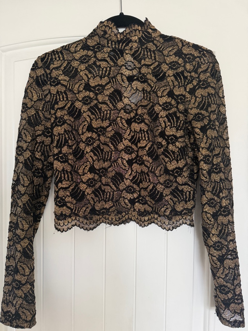 bebe Black Lace Top with Gold Metallic Floral Overlay crop mock